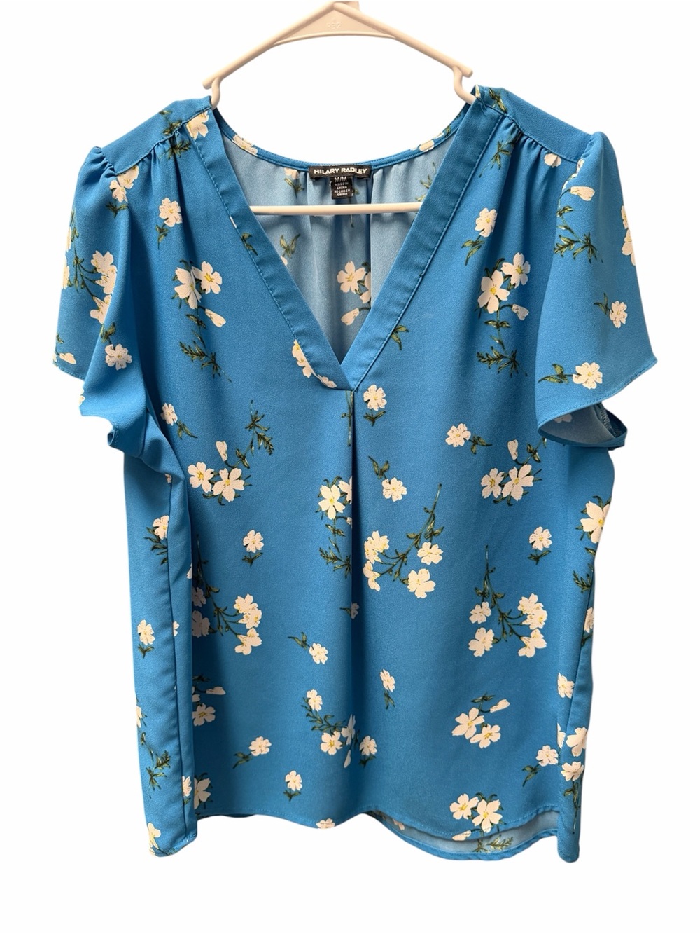 Hilary Radley Blue & White Floral Print V-Neck Blouse | Women’s Medium